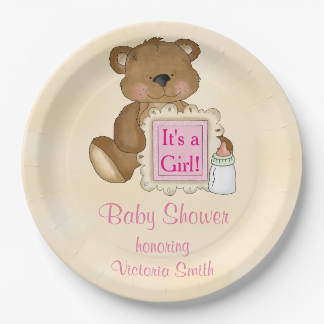Baby Shower It's a Girl Teddy Bear Paper Plate (Front)