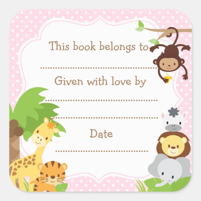 Baby shower Jungle autocollant plaque rose (Devant)