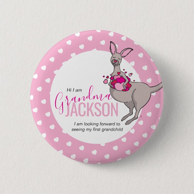 Baby shower kangaroo pouch of pink hearts intro 2 inch round button (Front)
