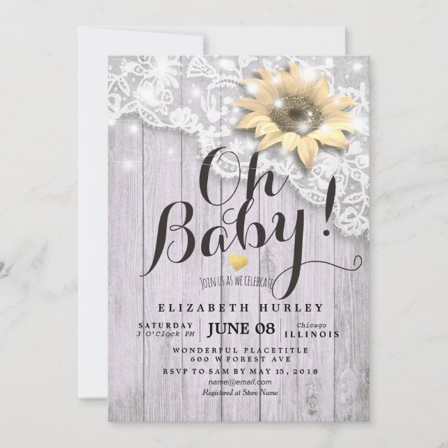 Baby Shower Lace Sunflower Barn Wood String Lights Invitation (Front)