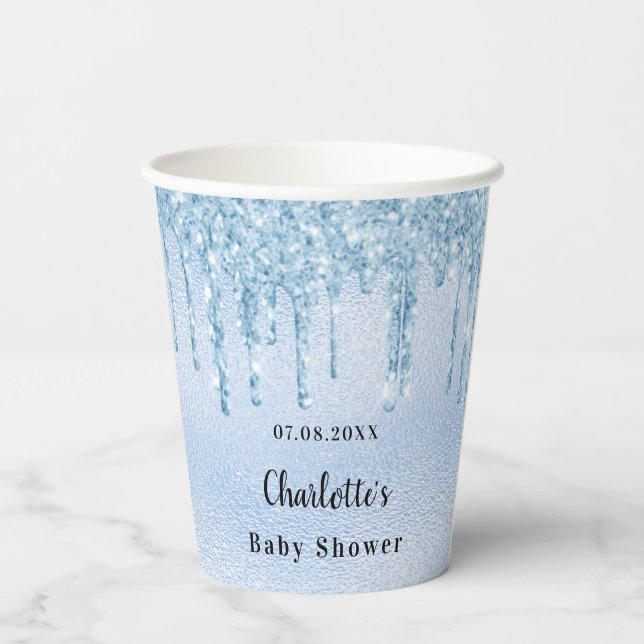 Baby Shower light blue boy glitter monogram Paper Cups (Back)