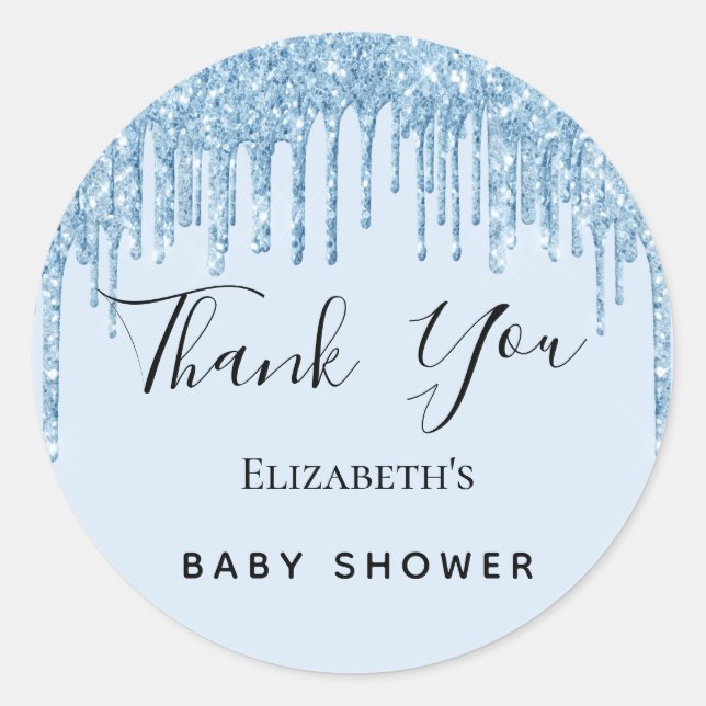 Baby Shower light blue boy glitter Thank You  Classic Round Sticker (Front)