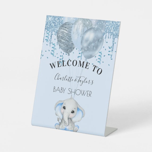 Baby Shower light blue elephant boy balloons  Pedestal Sign (Front)