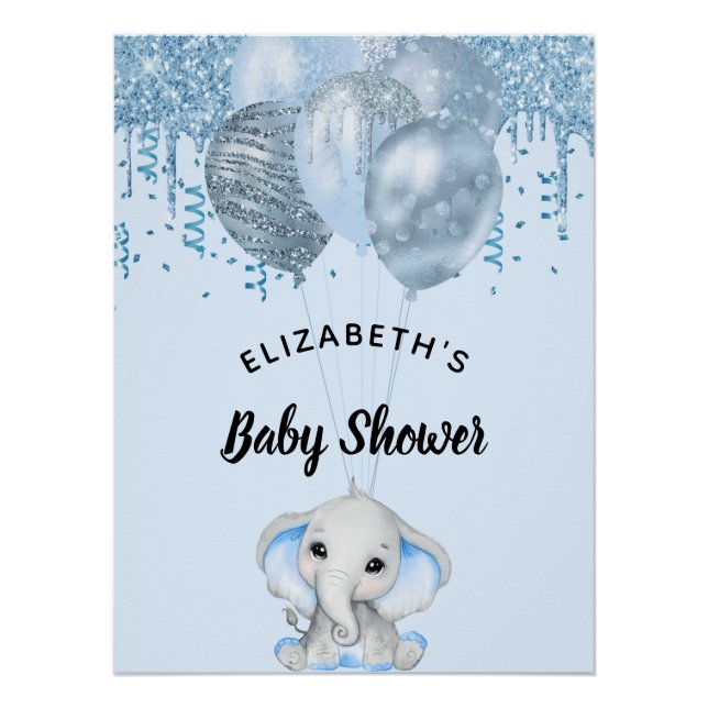 Baby Shower light blue elephant boy balloons Poster (Front)