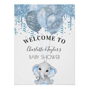 Baby Shower light blue elephant boy balloons Poster