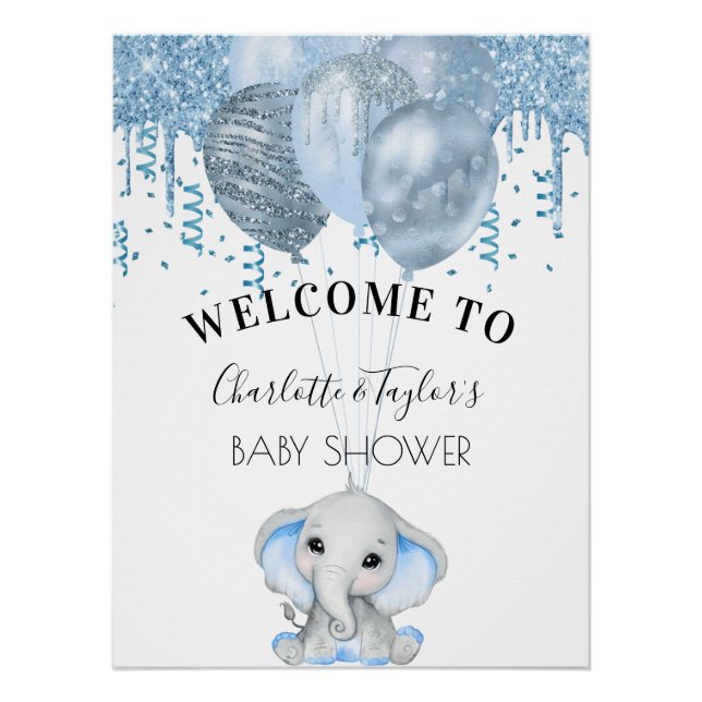 Baby Shower light blue elephant boy balloons Poster (Front)