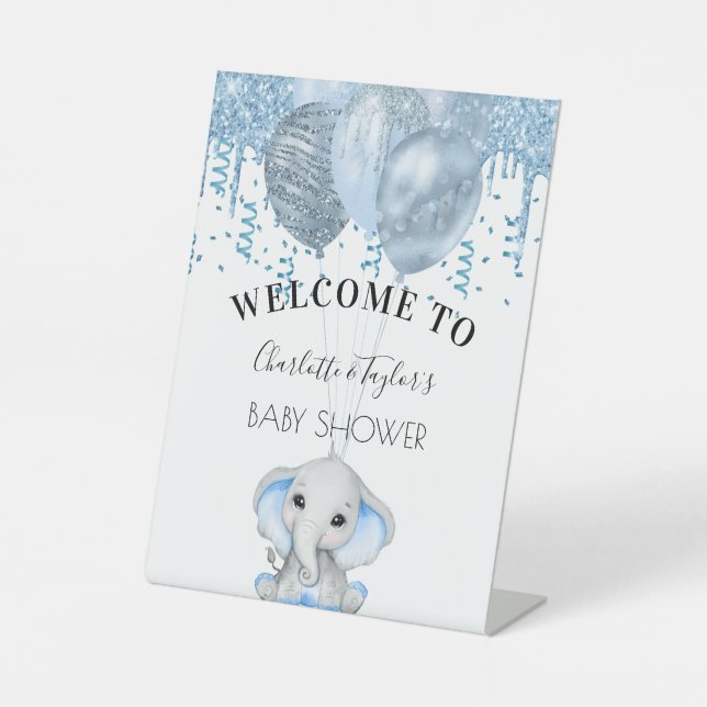Baby Shower light blue elephant boy balloons white Pedestal Sign (Front)