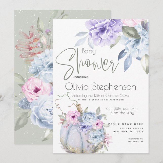 Baby Shower Lilac Blue Pumpkin Peony Floral Invita Invitation (Front/Back)