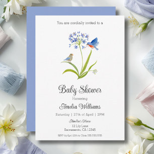 Baby Shower Lily with Bluebird Mother and Baby Invitation
