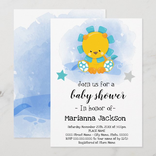 Baby shower Lion Bleu Invitation (Devant / Derrière)