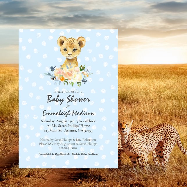 Baby Shower Lion Cub Floral Blue Invitation (Creator Uploaded)