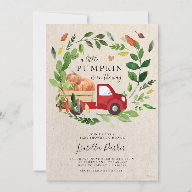 Baby Shower Little Pumpkin Truck Fall Greenery Invitation (Front)
