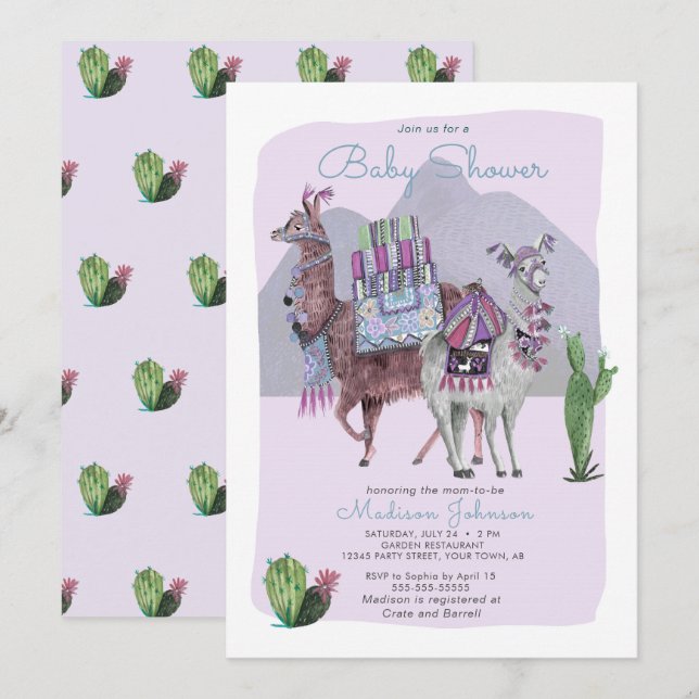Baby shower | Llamas & Cactus | Invitations Lilac (Devant / Derrière)