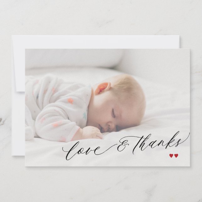 Baby shower love and thanks script simple photo thank you card (Front)