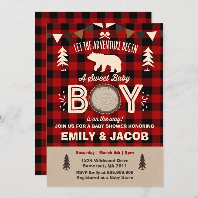 Baby shower Lumberjack Invitation Lumberjack (Devant / Derrière)