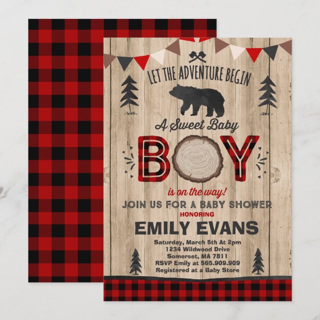 Baby shower Lumberjack Invitation Lumberjack (Devant / Derrière)