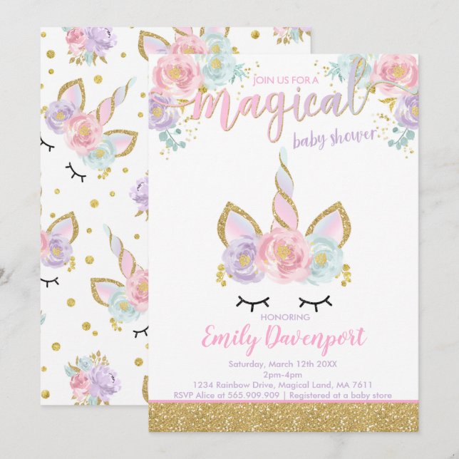 Baby shower magique Invitation Baby shower Unicorn (Devant / Derrière)