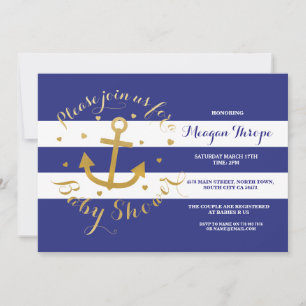 Baby shower Marine Ancre Bleue Invitation Gold Hea