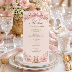 Baby Shower Menu Card, Coquette Pink Bow Teddy Bea