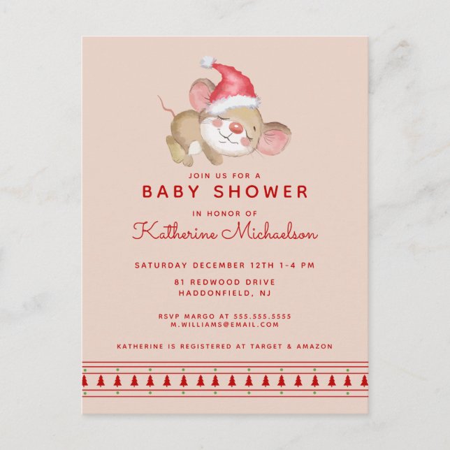 BABY SHOWER | Merry Christmas Mouse Invitation Postcard (Front)