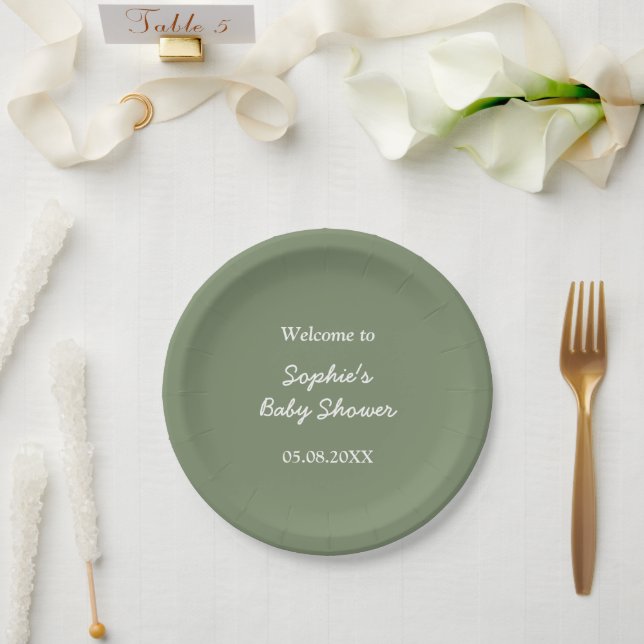 Baby Shower Minimalist Sage Green Paper Plates (Wedding)
