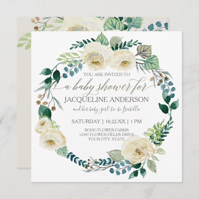 Baby Shower Modern Alabaster Roses Leaf Wreath Invitation (Front/Back)