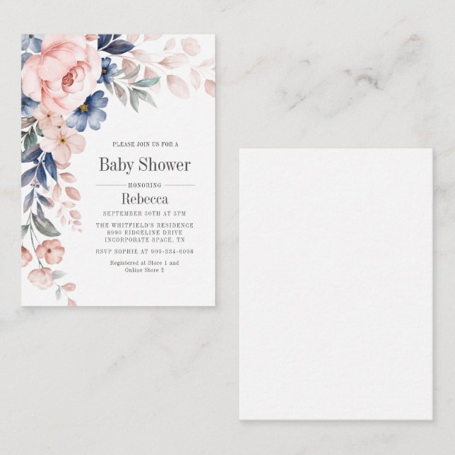 Baby Shower Modern Bloom Blue Pink Floral Card (Front/Back)