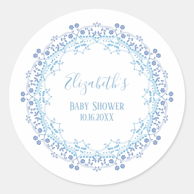 Baby Shower Modern Blue Floral Foliage Thank You Classic Round Sticker (Front)