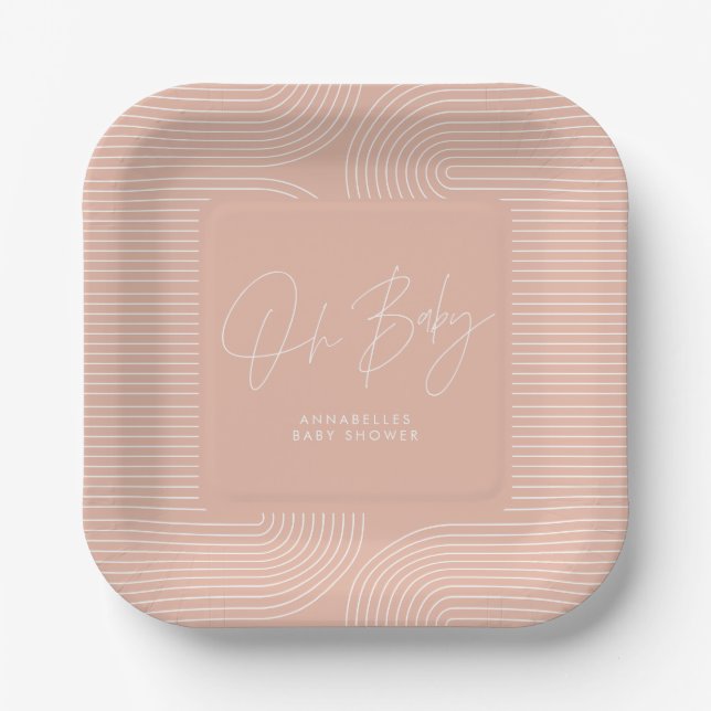 Baby shower modern pink peach elegant geometric paper plate (Front)