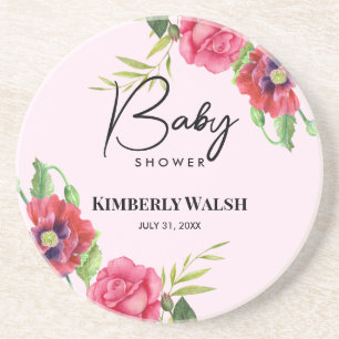 Baby Shower Modern Red Pink Flowers on Light Pink  Coaster