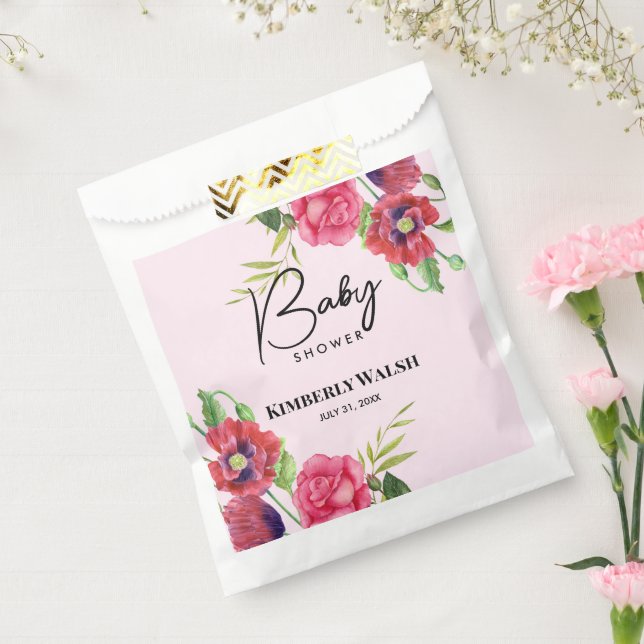 Baby Shower Modern Red Pink Flowers on Light Pink  Favour Bag (Sealed)