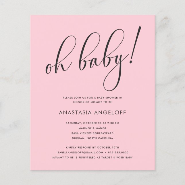 baby Shower Modern Script Blush Pink Flyer (Front)