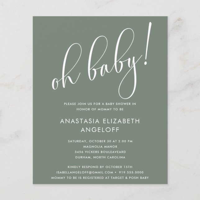 Baby Shower Modern Script Sage Green Invitation Flyer (Front)