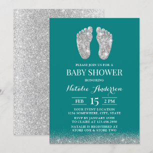 Baby Shower Modern Silver Glitter Baby Foot Teal Invitation