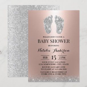 Baby Shower Modern Silver Glitter Feet Rose Gold Invitation