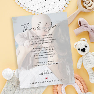 Baby shower modern simple script photo thank you card