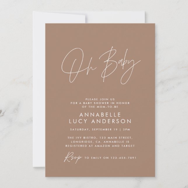 Baby shower modern tan brown elegant photo invitation (Front)