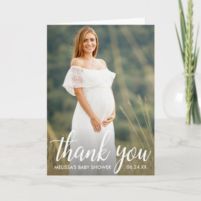 Baby shower Moderne Script Merci photo Plier (Devant)