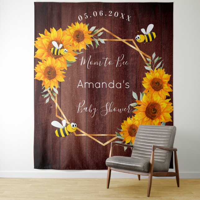 Baby Shower Mom to bee sunflowers rustic wood Tapestry (In Situ)