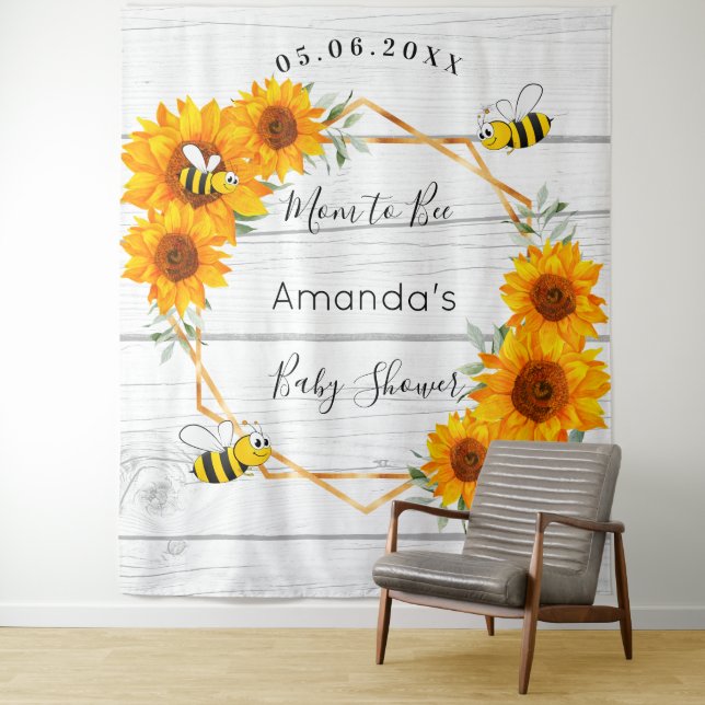 Baby Shower Mom to bee sunflowers rustic wood Tapestry (In Situ)
