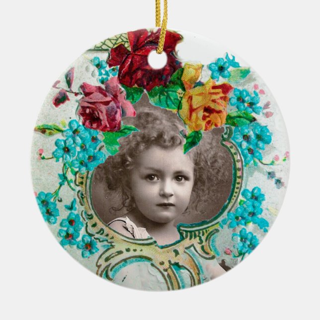 BABY SHOWER Monogram Blue Aquamarine PhotoTemplate Ceramic Ornament (Front)