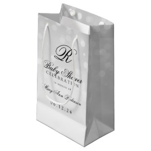 Baby Shower Monogram Silver Bokeh Sparkle Lights Small Gift Bag