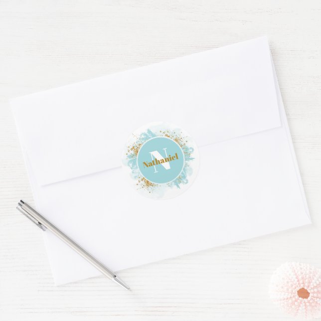 Baby Shower Monogram Watercolor Glitter Stylish Classic Round Sticker (Envelope)