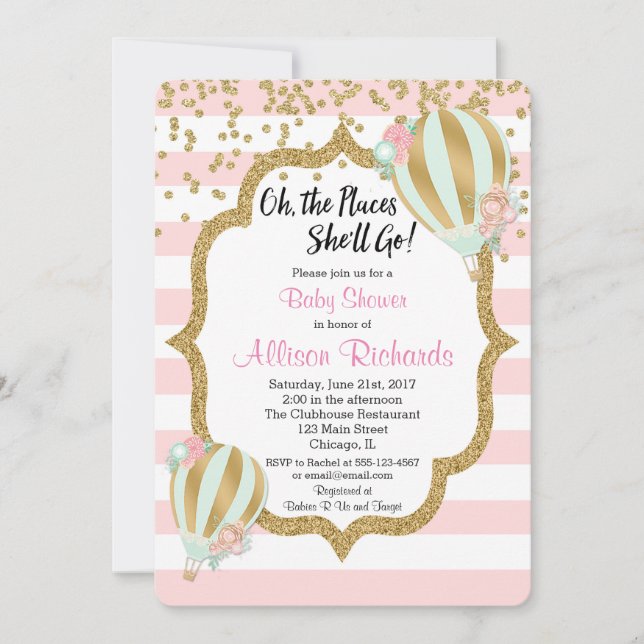 baby shower montgolfière invitation or rose (Devant)
