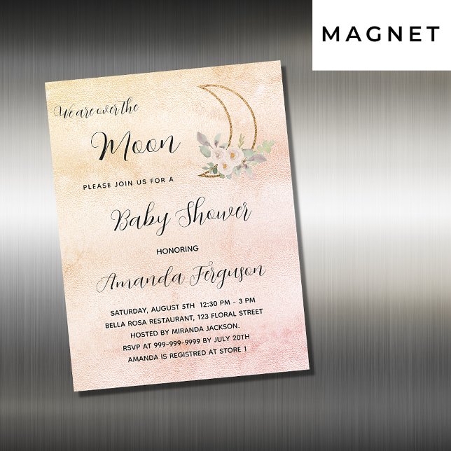Baby shower moon blush rose gold girl luxury magnetic invitation (Creator Uploaded)