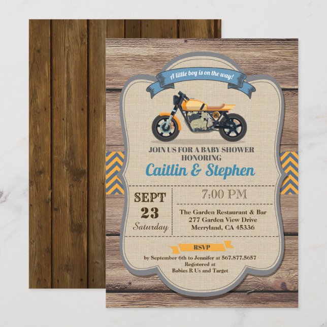 Baby shower moto rétro invitation Vélo jaune (Devant / Derrière)