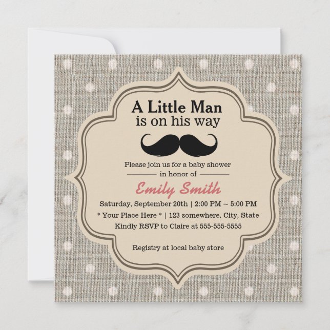 Baby Shower Moustache Boy Rustic Polka Dots Invitation (Front)