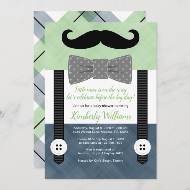 baby shower moustache invitation verte marine arc  (Devant / Derrière)