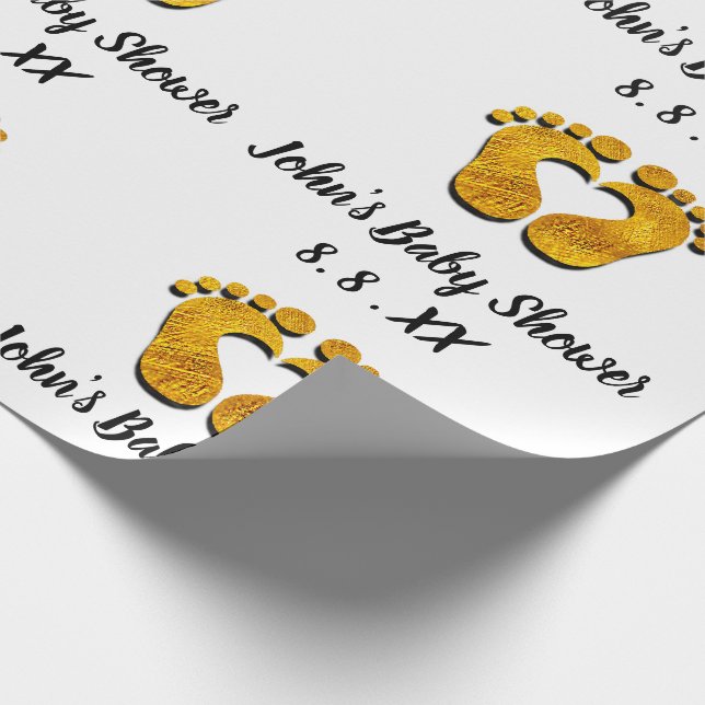 Baby Shower Name Date Feet heart Black White Gold Wrapping Paper (Corner)
