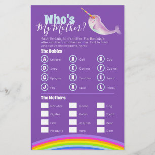 Baby shower narwhal word search match game flyer